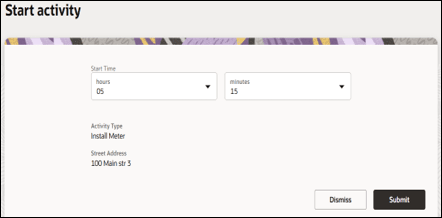 Start Activity page. The submit button is located on the bottom right corner.