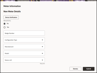 Meter information page with several text fields. The Submit button is located on the bottom right corner.