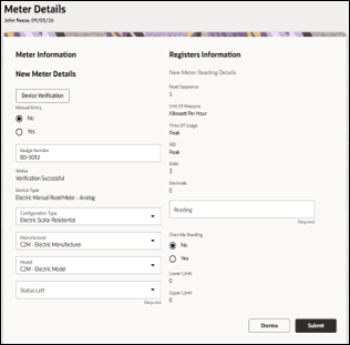 Meter information section on the left column, and Registers information section on the right column.