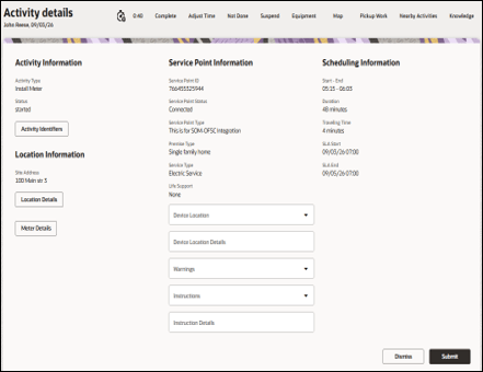 Activity Details page showing the service information on the left column, and the service point details on the right. The Complete button is located at the top of the page and it is the first button from left to right.
