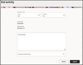 End Activity page. The submit button is located on the bottom right corner.