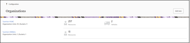 Organizations page detail. The Add New button is located on the extreme right.