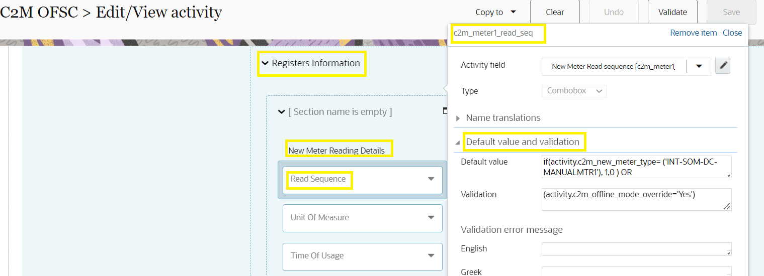 Edit View activity page detail. Unit of Measure option is located under Registers Information.