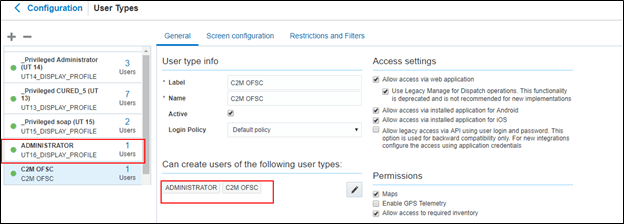 User Types page. Highlight on Administrator type.