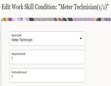 Edit work skill window. Here Meter Services option is selected, and set to 1.