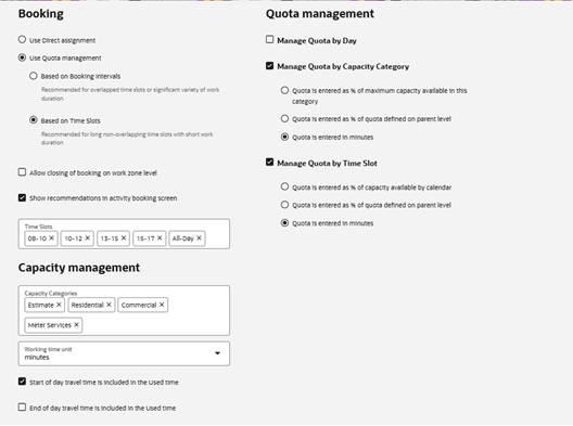 On Capacity management section, Capacity category is set as Meter Services, and Working time unite as minutes. On Booking section, Available time slots is set to All Day, and the Use Quota is set to Based on Time slots. On Quota management section, the Quota Definition level is set to both day and time slot. The Quota by day, the Quota by capacity category, and the Quota by time slot are all set to entered by minutes.