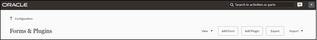 Forms and Plugins page. The Import Plugins button is the first one from right to left.