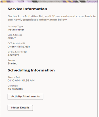 Here the Service Information and Scheduling Information sections are shown. The Activity Attachments button is located on the bottom left corner.