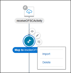 Oracle Integration Cloud detail. Here the options menu on the Map to invokeOFS is selected.