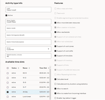 Activity type info, and color scheme on the right column, Features section on the right column.