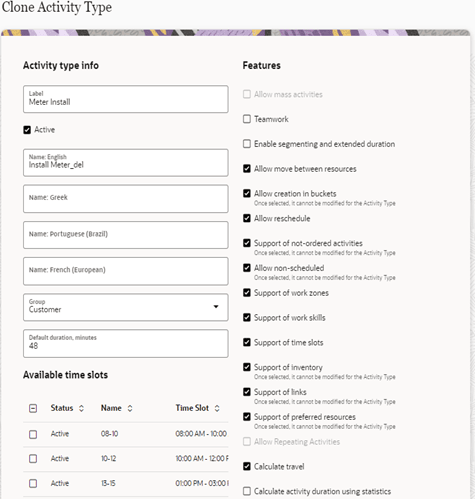 Activity type info, and color scheme on the right column, Features section on the right column.