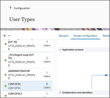User Types page detail. Screen configuration is the second tab from left to right.