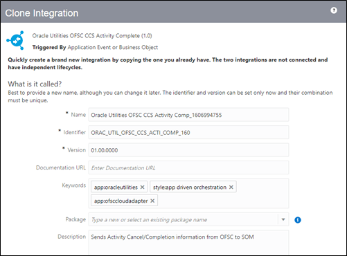 Clone Integration window. Name field is the first text field, and Identifier is the second.