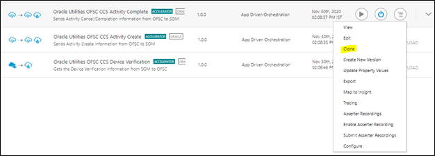 Oracle Integration Cloud page. The options menu is located on the upper right corner. Clone is the third option on this menu.