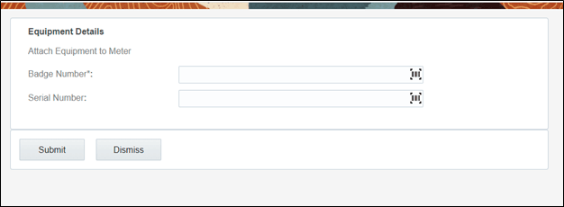 Equipment Details page, within which are two text fields, one to enter the badge number, and the other to enter the serial number.