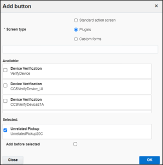 Add button popup window where te user is to select the unrelated plugin.