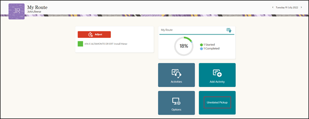 Field Service Cloud Mobility page. The Unrelated Pickup link is located at the bottom left under My Route section.