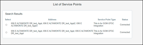 List of Service Points section showing the search results.
