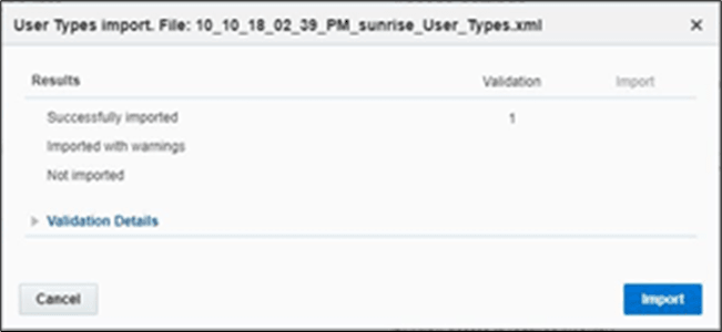 User Types import window. Import button is located on the bottom right corner.