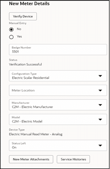 New Meter Details section. Manufacturer and Model dropdowns show Accumeter and IND1300 respectively, and are highlated on this image.