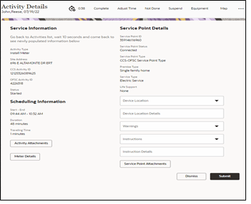 Activity Details page showing the service information on the left column, and the service point details on the right. The Complete button is located at the top of the page and it is the first button from left to right.