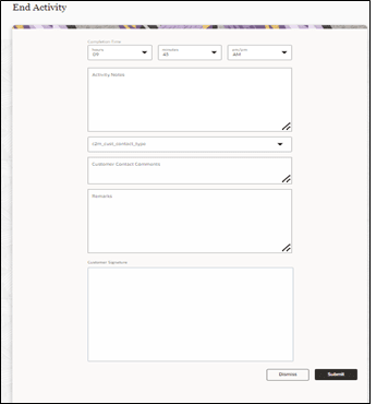 End Activity page. The submit button is located on the bottom right corner.