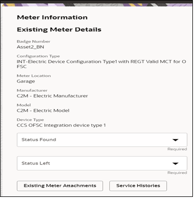Shows the existing meter details.