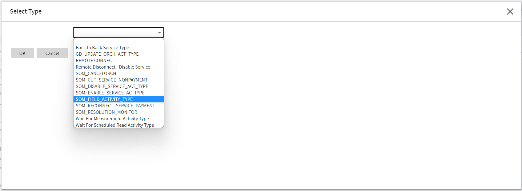 Shows how to select the activity type from the list.