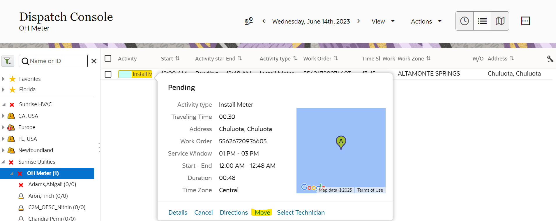 Shows clicking Move to view the Move Activity page.