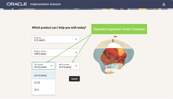 Shows the Integration Implementation Assistant Welcome Screen (Dependent Application Versions drop-down).