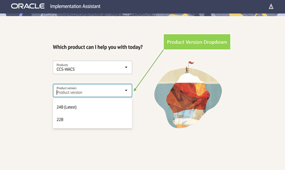 Shows the Integration Implementation Assistant Welcome Screen (Product Version drop-down).
