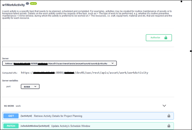 Screen capture showing the URI components of the w1WorkActivity REST inbound web service API specification
