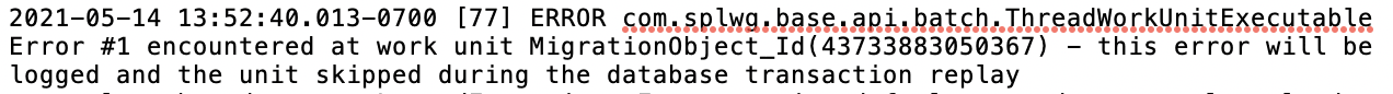Screen capture showing an error in a batch log