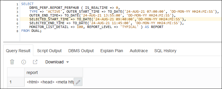 Screen capture showing SQL statement in Database Actions