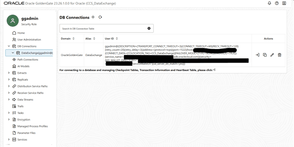 Screen shot showing DB Connections screen