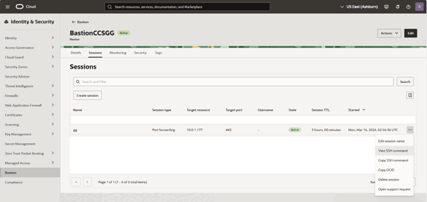 Screen shot showing the Sessions tab of the Bastions screen