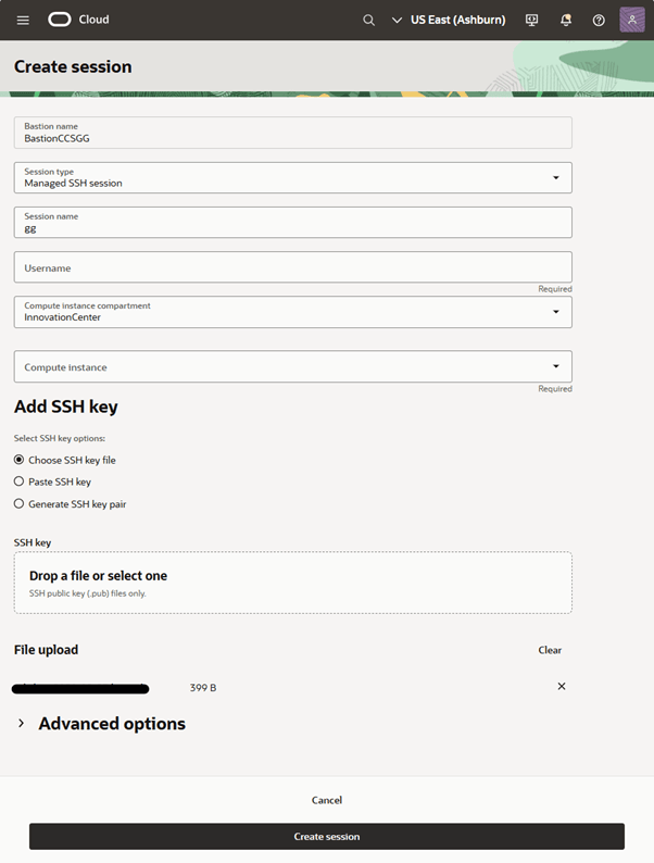 Screen shot showing the Create Session screen