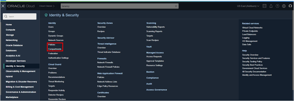 Screen capture of the Identity and Security page with Compartments and Policies options highlighted