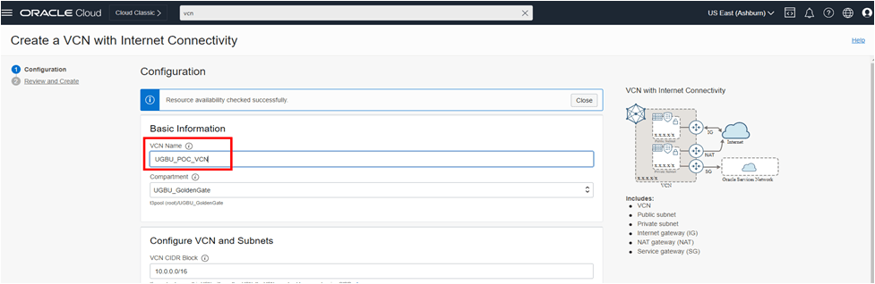 Screen capture showing the Create a VCN with Internet Connectivity page with the VCN Name highlighted