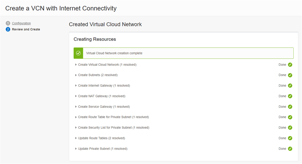 Screen capture showing the Created Virtual Network and Creating Resources panels of the Create a VCN with Internet Connectivity page