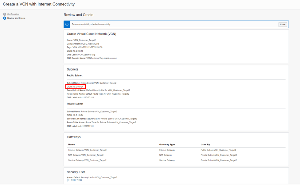 Screen capture showing the Review and Create section of the Create a VCN with Internet Connectivity page with the CIDR highlighted