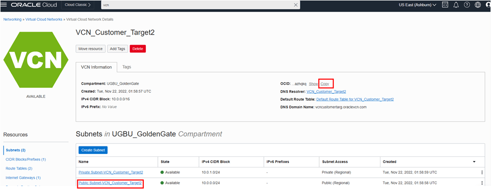 Screen capture showing the VCN page with the VCN's OCID and subnet name highlighted