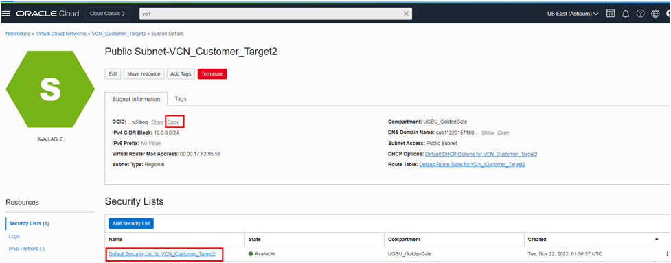 Screen capture showing the selected subnet with the OCID and Default Security list highlighted