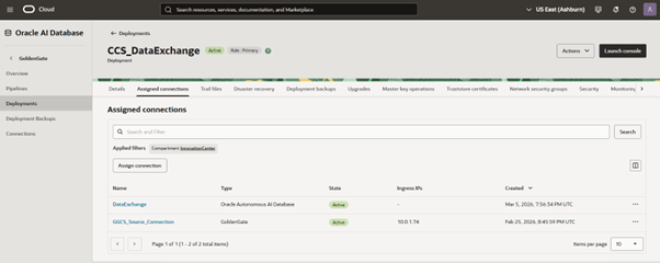 Screen shot showing connections assigned to GoldenGate Deployment Screen shot showing connections assigned to GoldenGate Deployment