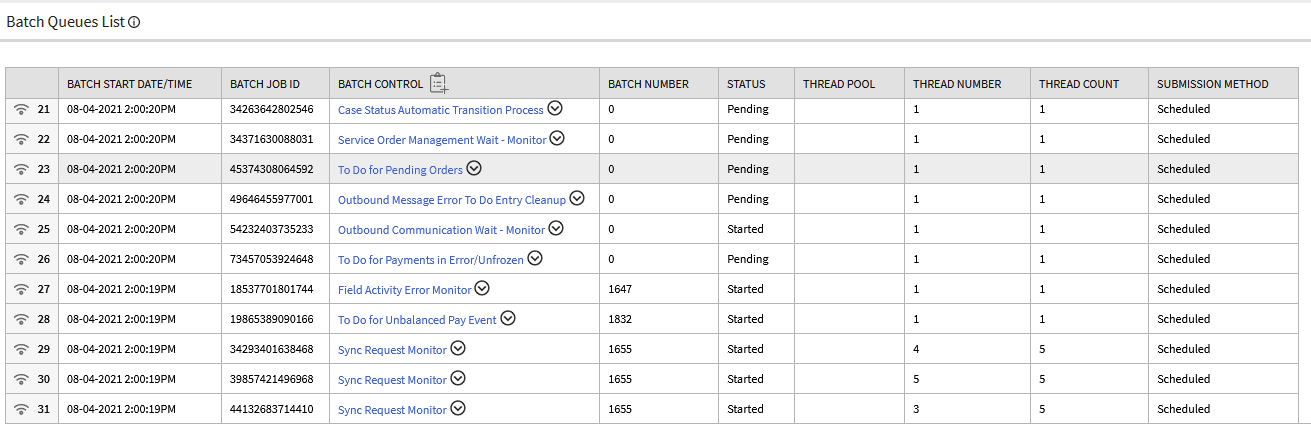 Screen capture showing Batch Queues List zone