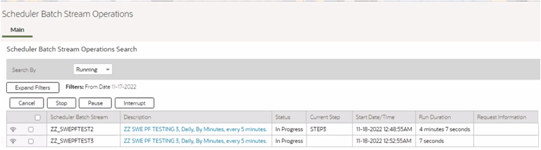 Screen capture showing the Scheduler Batch Stream Operations portal