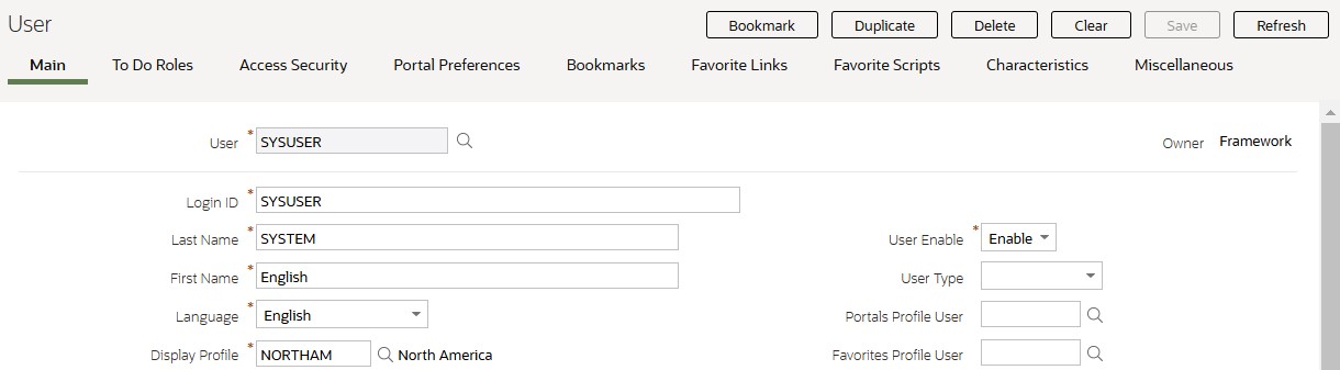 User page showing various buttons on the top right, above the various tabs. Here, Main tab is selected and it's content is shown.