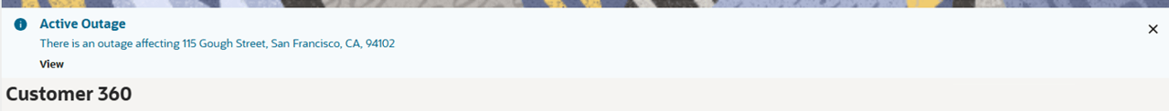 Screen image depicting an active outage message presented as a banner along with a 'view' action.