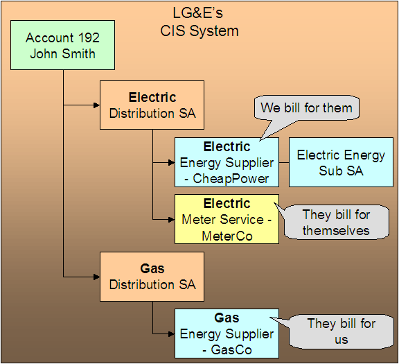 The system determines billing relationships at the service agreement level. In this example, the distribution company (LG&E) distributes both electricity and gas. The customer purchases electricity from CheapPower and gas from GasCo. LG&E provides billing services for CheapPower and GasCo provides billing service for LG&E.