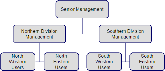 This illustrates the company hierarchy for the Northwestern, Northeastern, Southwestern, and Southeastern regions. Senior Management has access to all customers, the Northern Division Management has access to all customers in the Northwestern and Northeastern divisions, and the Southern Division Management has access to all customers in the Southwestern and Southeastern divisions. Each user region group has access to the appropriate division in the region.